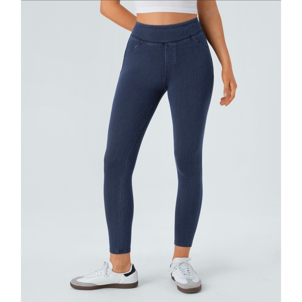 Halara Flex High Waisted Pocket Denim Casual Leggings Dark Wash NWT XLarge 7/8
